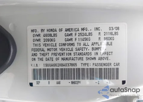 2008 Acura Tl 3.2 from USA, damaged, VIN 19UUA662X8A037865